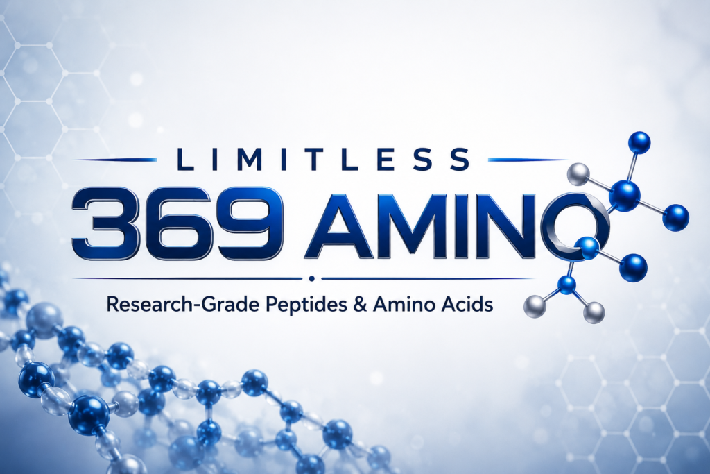 Limitless 369 Amino logo featuring pharmaceutical-grade amino acids branding with molecular structure graphics and a modern scientific design.