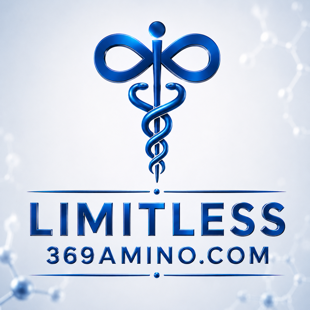 Limitless 369 Amino logo featuring a blue medical infinity-caduceus symbol and the text 369AMINO.COM, representing research-grade peptides and amino acids.